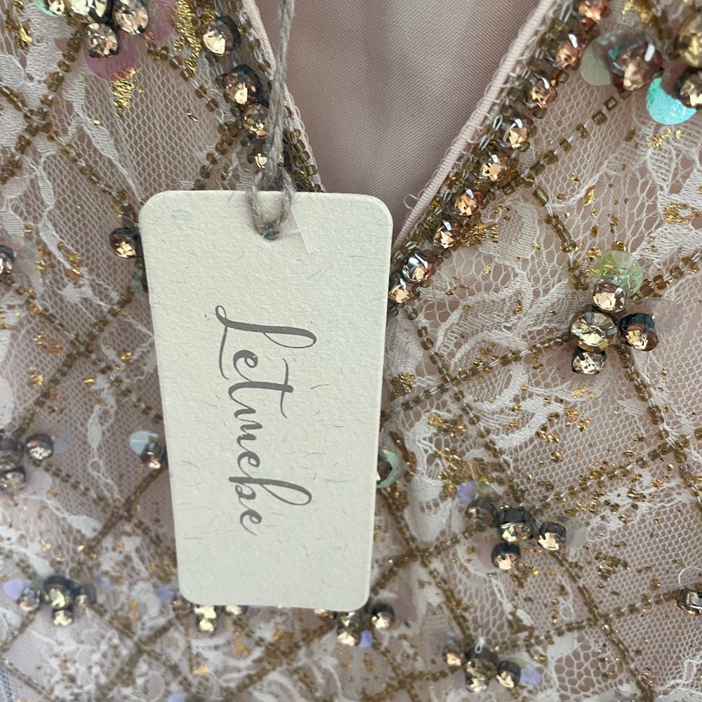 Anthropologie Gold-Beige Beaded V-Neck Midi Dress - Picture 3 of 12